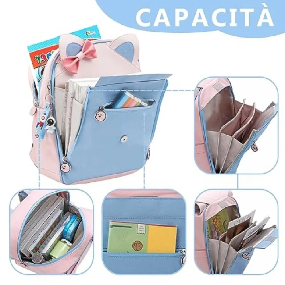 Lisinuo Cat Pink Blue Kitty Bow Backpack Bookbag Travel Carry On Bag